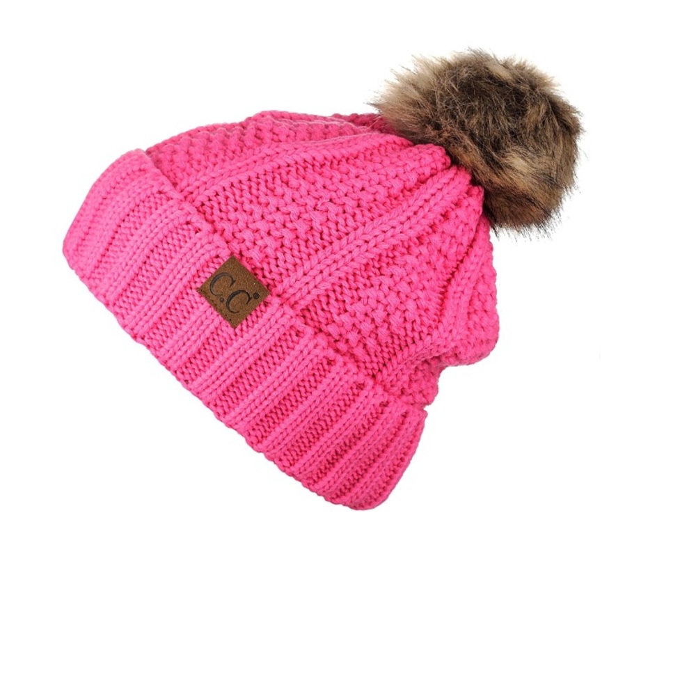 C.C Thick Fuzzy Beanies lining faux fur Pom Pom